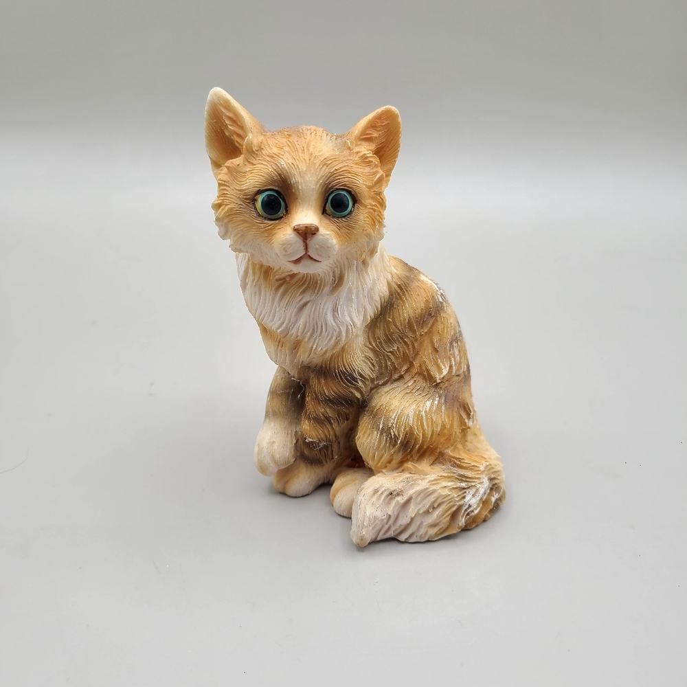 Adorable Tan & White Tabby Cat Figurine with Big Green Eyes